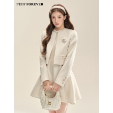 批发PUFFFOREVER名媛世家重工<b class='q'>钉珠</b>千金感米色小香风<b class='q'>连衣裙</b>女外套