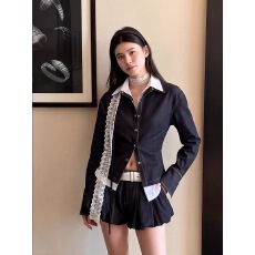 批发MXU复古丹宁/明星同款撞色可拆卸领牛仔衬衫蓬蓬<b class='q'>裙裤</b>时尚两件套