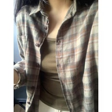 批发纯棉面料chic高级感磨毛格子衬衫女内搭宽松百搭中长款衬衣外穿
