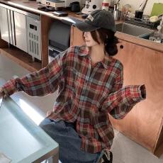 批发原版质量2026春秋季女<b class='q'>韩版</b>复古港味POLO领学生格子宽松外套<b class='q'>衬衣</b>
