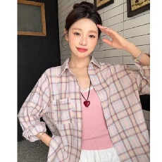 批发2026甜美风粉色格子<b class='q'>衬衫</b>女ins开春防晒<b class='q'>衬衣</b>宽松休闲遮肉长袖上衣