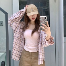 批发2026甜美风粉色格子<b class='q'>衬衫</b>女ins开春防晒<b class='q'>衬衣</b>宽松休闲遮肉长袖上衣