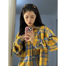 批发黄色<b class='q'>格子</b>长袖<b class='q'>衬衫女</b>外搭薄款宽松ins潮牌通勤复古小众防晒小外套