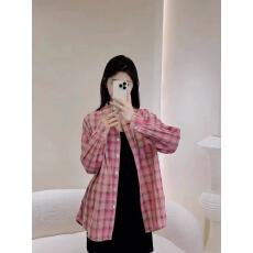 批发<b class='q'>韩版</b>气质粉色格子衬衫女2026年春夏时尚宽松透气长袖衬衣<b class='q'>外套</b>防晒