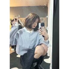批发设计感小众千金蓝白条纹<b class='q'>长袖</b><b class='q'>衬衫</b>女韩系减龄百搭宽松短款上衣<b class='q'>衬衣</b>