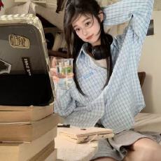 批发2026早秋新款外套韩版蓝色格子防晒宽松<b class='q'>衬衣</b>薄款<b class='q'>长袖</b><b class='q'>衬衫</b>