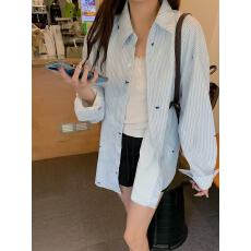 批发蝴蝶结减龄条纹<b class='q'>衬衫</b>女设计感韩系宽松休闲<b class='q'>衬衣</b><b class='q'>长袖</b>防晒上衣外套潮