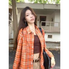 批发美式复古橙色格纹<b class='q'>长袖</b><b class='q'>衬衫</b>女春秋小众设计感宽松休闲防晒<b class='q'>情侣</b><b class='q'>外套</b>