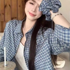 批发格子衬衫外套女夏季2026新款甜美宽松衬衣长袖休闲<b class='q'>上衣</b>赠头花