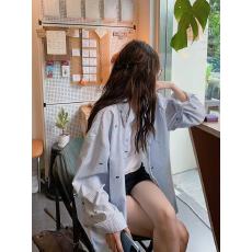 批发蝴蝶结减龄条纹衬衫女设计感韩系宽松休闲衬衣长袖防晒<b class='q'>上衣</b>外套潮
