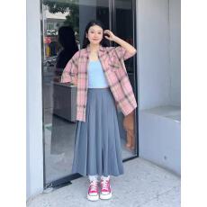 批发韩版hiphop复古粉色格子短袖<b class='q'>衬衫</b>女秋夏宽松oversize情侣百搭<b class='q'>衬衣</b>
