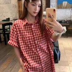 批发红色复古格子短袖<b class='q'>衬衫</b>外套夏季2025新款休闲宽松<b class='q'>衬衣</b>上衣