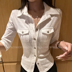 批发纯欲polo领弹力短袖<b class='q'>工装</b>衬衫女夏季新款上衣