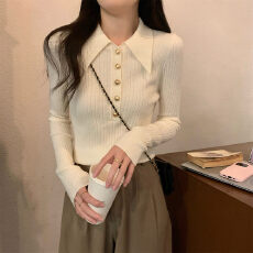 批发高级感polo领针织衫春<b class='q'>秋</b>冬季法式金属扣内搭上衣女坑条打底衫毛衣