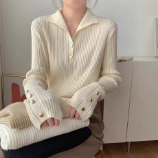 批发<b class='q'>秋</b>冬修身坑条纹高领气质纽扣内搭针织衫女设计感别致显瘦洋气毛衣