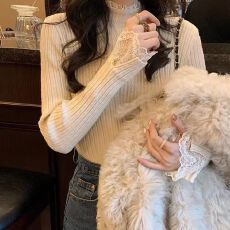批发秋<b class='q'>冬</b>花边时尚针织半高领洋气针织衫毛衣新款修身气质长袖打底上衣