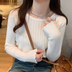 批发白色卷边针织打底衫女2026早秋新款秋<b class='q'>冬</b>内搭高级感圆领修身毛衣潮