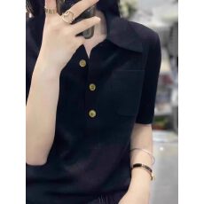 批发明星同款灰色polo领短袖t恤女夏季高级感修身翻领半袖针织衫上衣