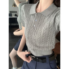 批发polo领针织短袖t恤女夏季独特超好看漂亮修身短款正肩打底衫上衣