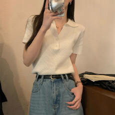 批发夏季2026新款polo领纯欲<b class='q'>小衫</b>纽扣高级设计感别致短袖针织上衣