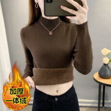 批发秋冬加绒毛衣女加厚一体绒内搭大码半高领套头打底针织衫保暖上衣