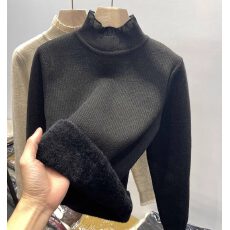 批发半高领加绒加厚毛衣女2026秋冬新款蕾丝边一体绒针织衫洋气<b class='q'>打底衫</b>