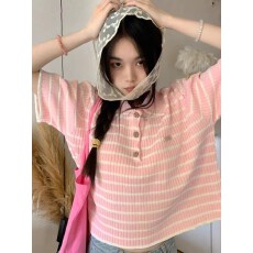 批发小香风针织衫polo领<b class='q'>短</b>袖正肩女夏新款胖妹妹甜美条纹上衣