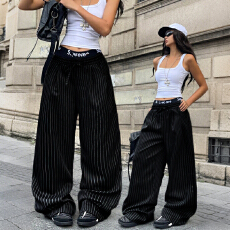 批发美式辣妹条纹阔腿裤 高腰垂坠感休闲<b class='q'>西装</b>裤 <b class='q'>大码</b>遮肉不贴腿