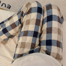 批发爆款百搭简约长裤仿棉薄款春<b class='q'>夏季</b>可外穿棕灰格休闲日系遛弯家居裤