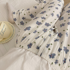 批发简约百搭长裤泡泡棉薄款春<b class='q'>夏季</b>可外穿小蓝花唯美休闲遛弯家居裤