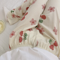 简约百搭长裤泡泡棉薄款春夏季可外穿樱桃花唯美休闲遛弯家居裤
