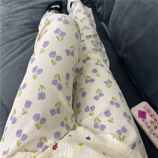 简约百搭长裤泡泡棉薄款春夏季可外穿小紫花甜美可爱遛弯家居裤