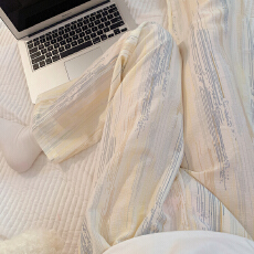 批发简约百搭长裤泡泡棉薄款春<b class='q'>夏季</b>可外穿蓝幻竖条高级休闲遛弯家居裤