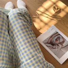 批发简约百搭长裤泡泡棉薄款春<b class='q'>夏季</b>可外穿黄蓝格韩系休闲遛弯家居裤