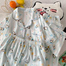 批发云朵棉薄款翻领夏季可外穿睡衣短袖<b class='q'>圆点</b>企鹅卡通可爱三件套装