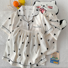 批发云朵棉薄款翻领夏季可外穿睡衣短袖黑桃心可爱甜美三件套装