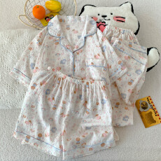 批发云朵棉薄款翻领夏季可外穿睡衣短袖动物乐园可爱甜美三件套装