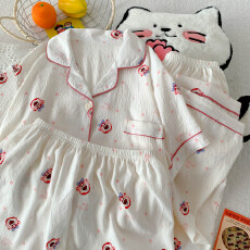 批发云朵棉薄款翻领夏季可外穿睡衣短袖卡通小熊可爱百搭休闲三件套装