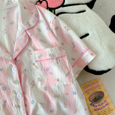 批发云朵棉薄款翻领夏季可外穿睡衣短袖粉碎花甜美可爱休闲三件套装