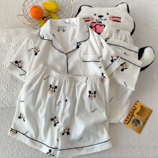 批发云朵棉薄款翻领夏季可外穿睡衣短袖长裤卡通百搭可爱休闲三件套装