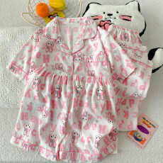 批发云朵棉薄款翻领夏季可外穿睡衣短袖字母兔卡通可爱休闲三件套装