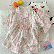 批发云朵棉薄款翻领夏季可外穿睡衣短袖树叶熊卡通可爱休闲三件套装