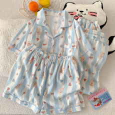 批发云朵棉薄款翻领夏季可外穿睡衣短袖水果熊卡通可爱休闲三件套装