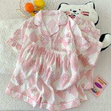 批发云朵棉薄款翻领夏季可外穿睡衣短袖菱形蝶结卡通可爱休闲三件套装