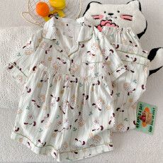 批发云朵棉薄款翻领夏季可外穿睡衣短袖短裤长裤卡通可爱休闲三件套装