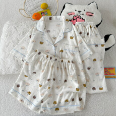 批发云朵棉薄款翻领夏季可外穿睡衣短袖小棕熊卡通可爱休闲三件套装