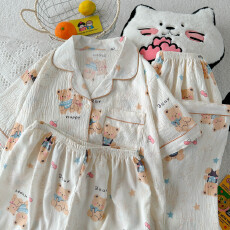 批发云朵棉薄款翻领夏季可外穿睡衣短袖星星熊卡通可爱休闲三件套装