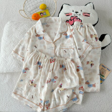 批发云朵棉薄款翻领夏季可外穿睡衣短袖樱桃小狗卡通可爱休闲三件套装