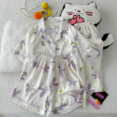 批发云朵棉薄款翻领夏季可外穿睡衣短袖紫色百合甜美休闲三件套装