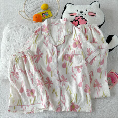 批发云朵棉薄款翻领夏季可外穿睡衣短袖粉太阳花少女甜美休闲三件套装